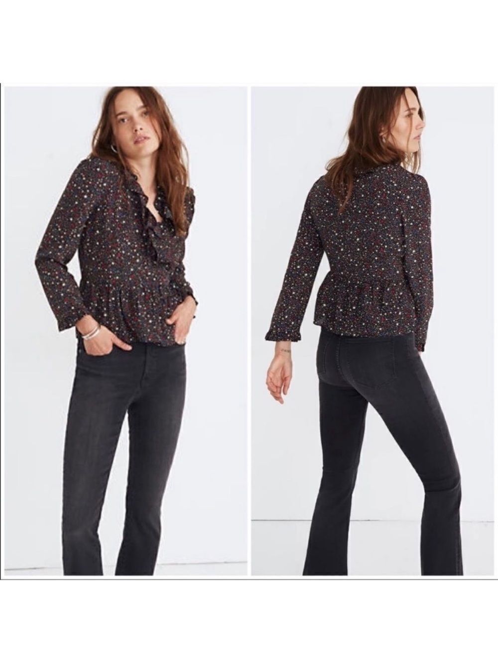 Madewell XXS Silk Ruffle Hem Peplum Wrap Long Sleeve Blouse